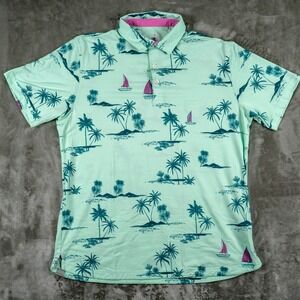 Puma Shirt Mens Large Green Polo Golf Tropical Stretch‎ Sail Boat